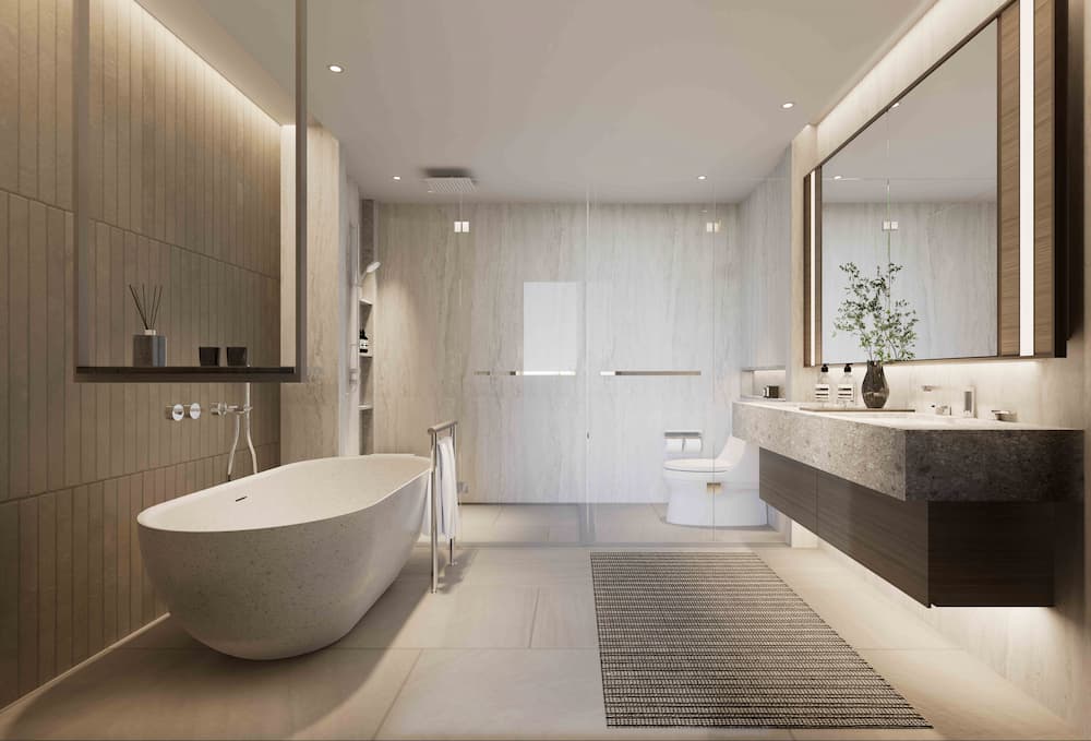 a bathroom with a tub and sink