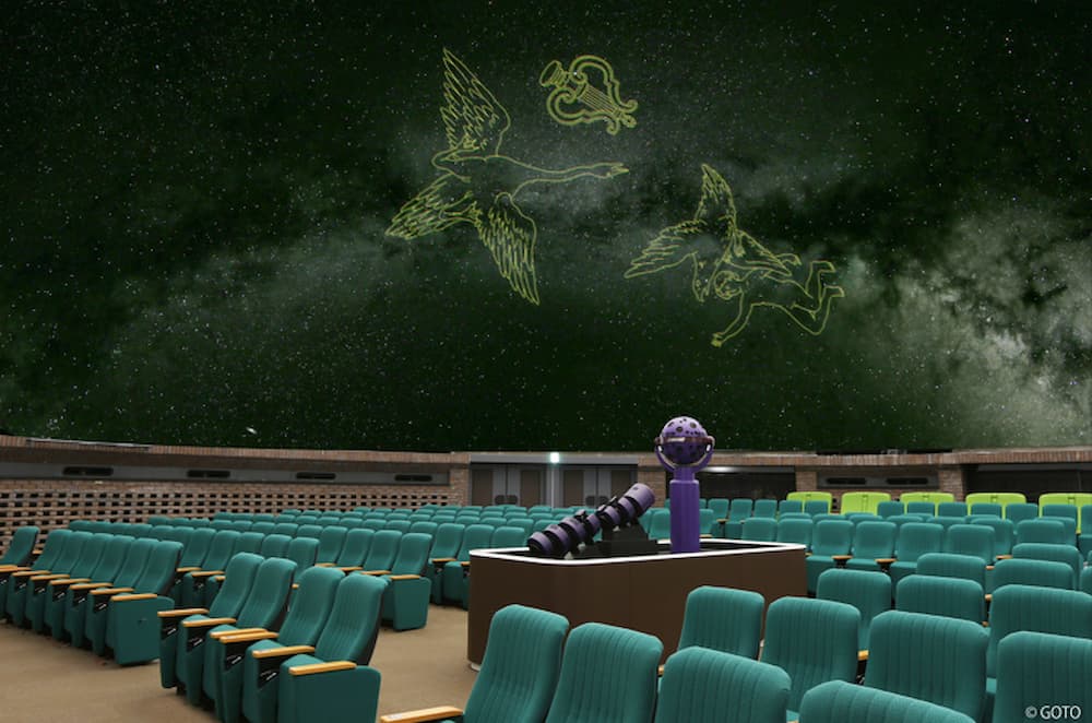 天文館，滿天星斗投映於穹頂上，聲光交織下仿若置身宇宙航程。讓人從繁忙日常抽離，進入無垠的銀河世界。©府中市郷土の森博物館