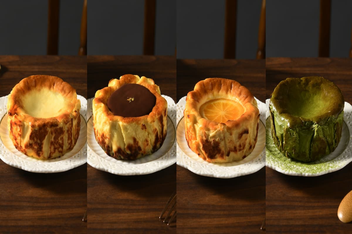 亞尼克迷你巴斯克左起巴斯克生起司289元、貝可拉極濃巧克力339元、新口味橙光橘香339元、宇治抹茶369元