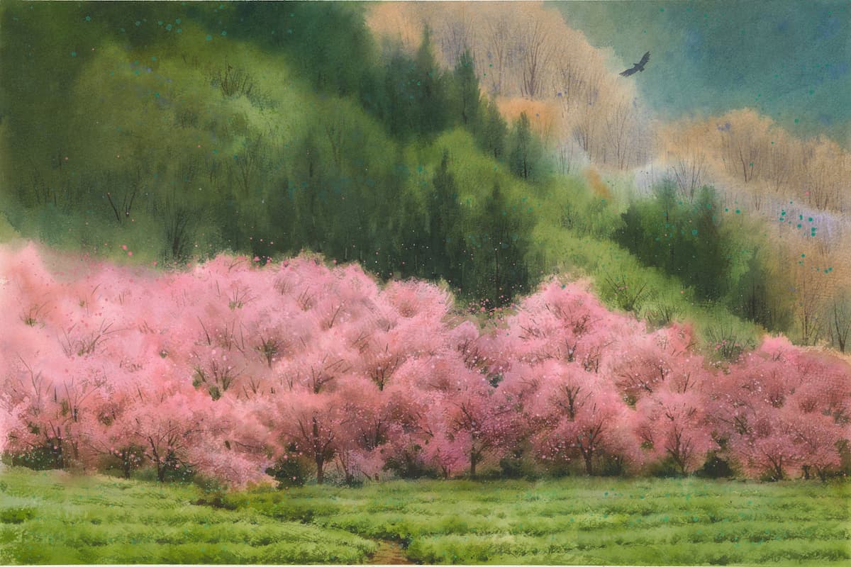 北投晶泉丰旅 2026第一季駐村藝術「晶彩．印記」特展，作品「春晨翔鷹」以層疊暈染筆觸描繪台灣山林晨霧與光影流轉，呈現自然與旅宿交織的靜謐記憶。圖／晶泉丰旅提供