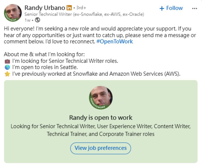 Snowflake前資深技術文件工程師的Randy Urbano發出求職訊息。Randy Urbano LinkedIn截圖