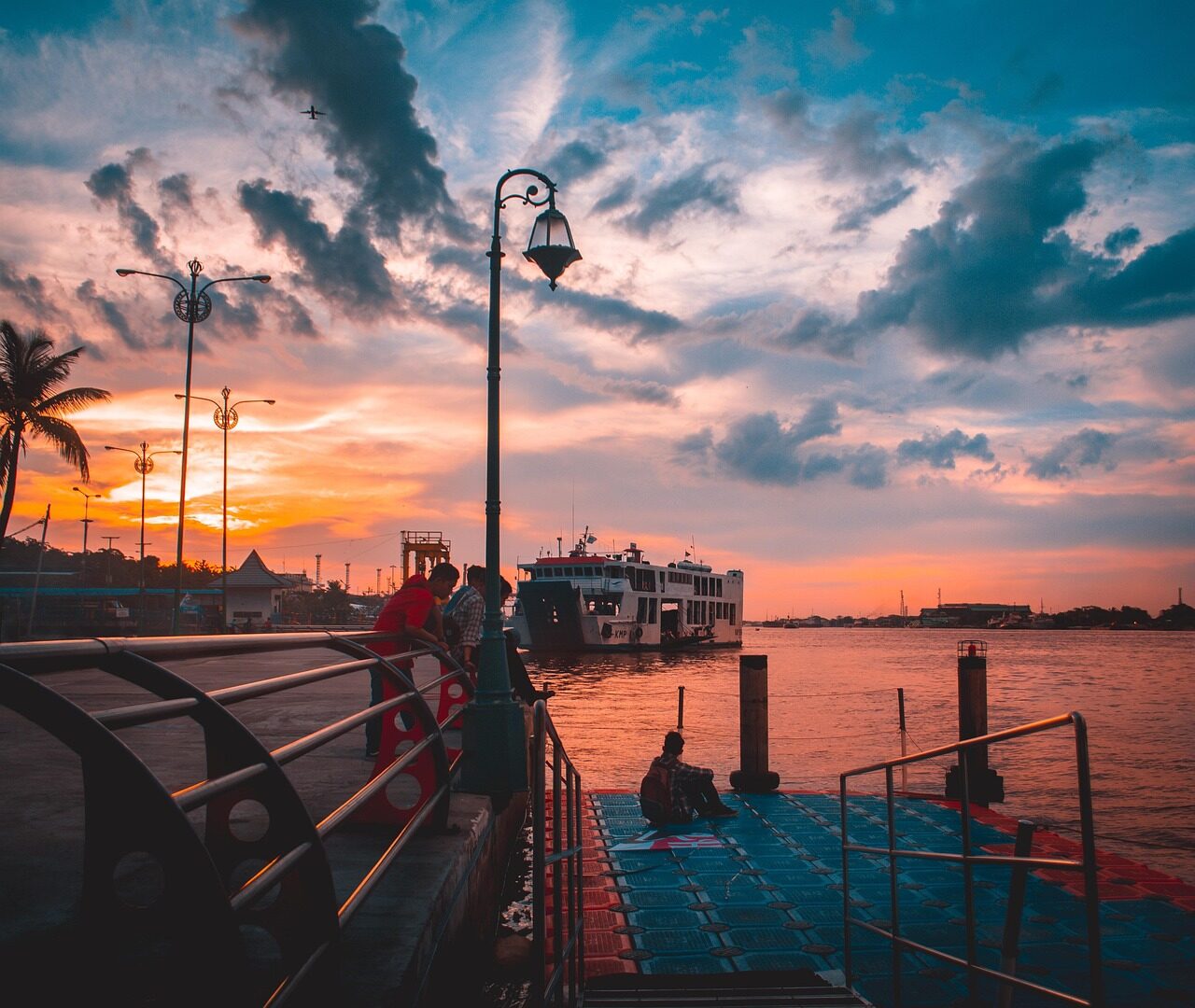 river, sunrise, water, travel, architecture, city, urban, sky, skyline, building, landscape, transportation, road, town, scenery, aerial, construction, transport, street, white, indonesia, metal, pontianak, kapuas