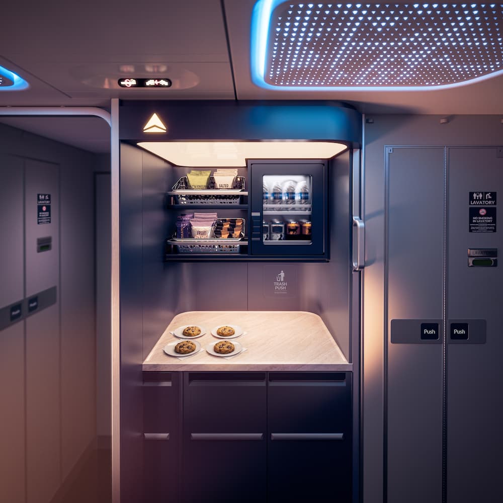 達美航空於 Airbus A350-1000 與 A330-200_300 機隊的達美至臻商務艙設置專屬自助點心吧，提供隨時可取用的輕食與冷飲，提升飛行中的彈性與便利性。